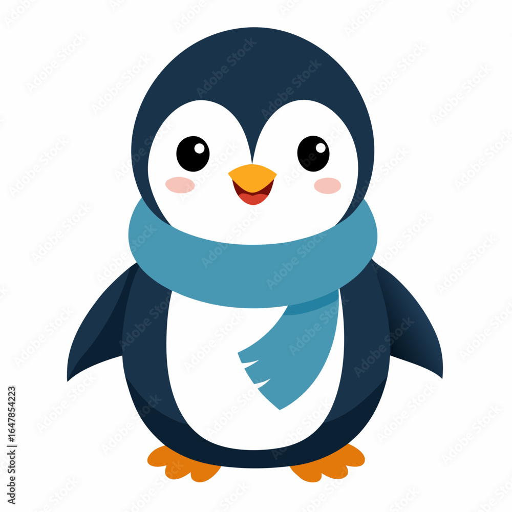 Fototapeta premium A vector Adorable Cartoon Penguin Wearing a Blue Scarf; Winter Holiday Illustration; Cute, Friendly Character Design. on white background 