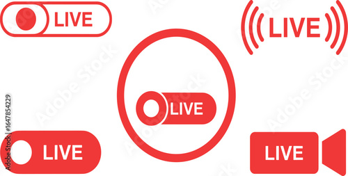 Set of Red Live Broadcast Icons, Indicating Streaming and Real-Time Content Broadcasting