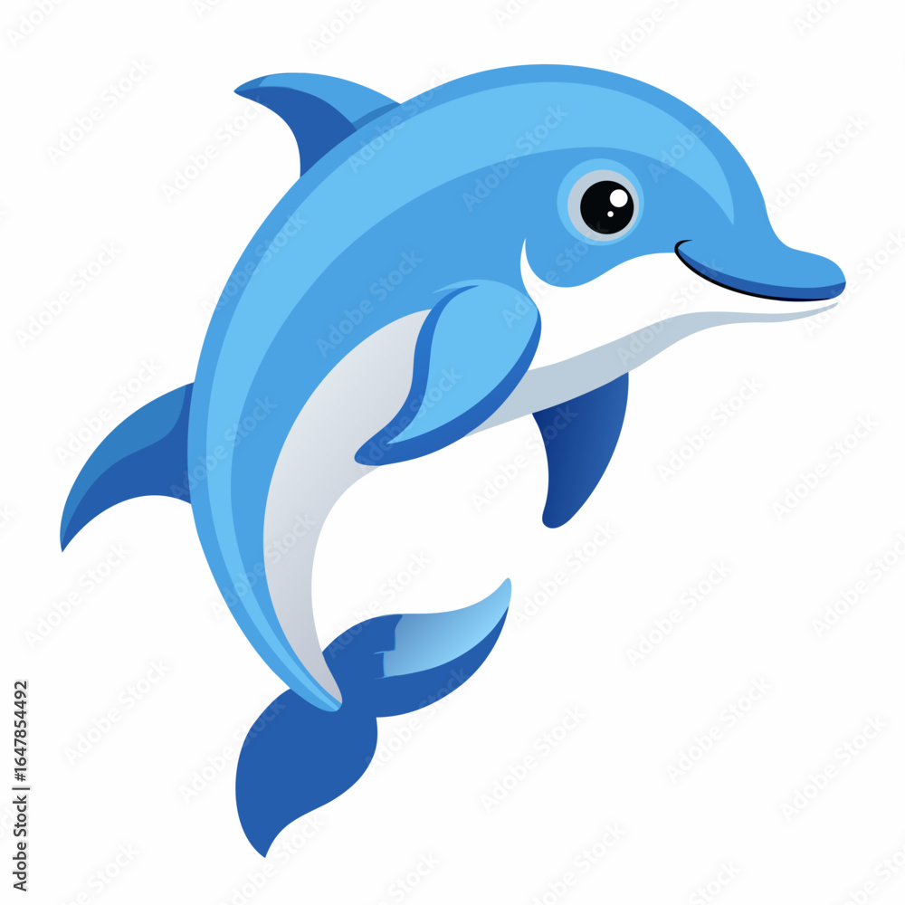 Fototapeta premium A Vector Happy Cartoon Dolphin Leaping, Playful Aquatic Animal Illustration, Childrens Book Style