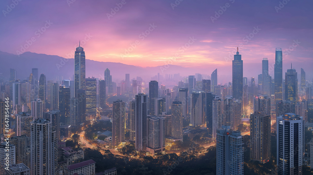 Fototapeta premium Aerial view of a financial district with skyscrapers at dawn
