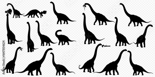 A collection of black dinosaur silhouettes, featuring long-necked sauropods in various poses like eating, walking, and interacting.