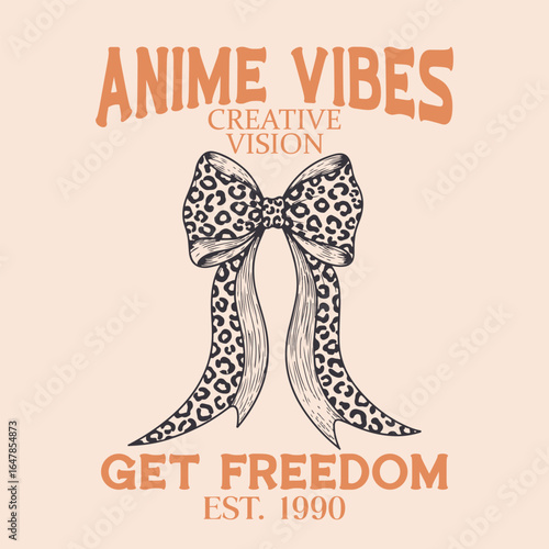 Anime vibes. Anime vibes bow print design. girls graphics . leopard print design. women's t-shirt design. bow with animal graphic design. bow drawing with leopard pattern inside, for t-shirt graphic.