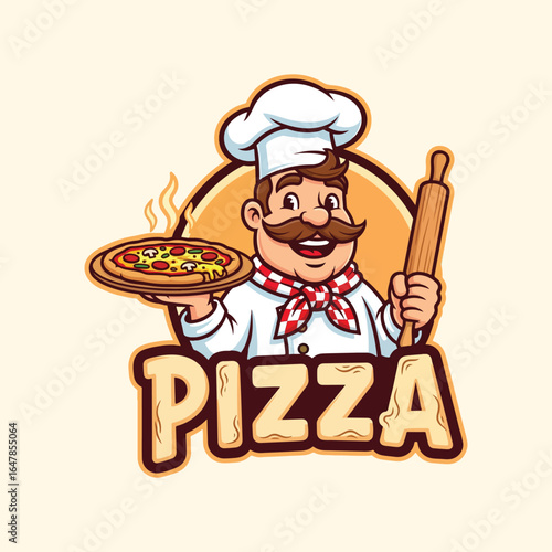 A chef with a pizza and rolling pin is above the word PIZZA