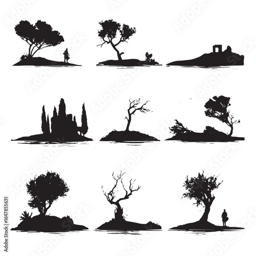 vector illustration of desert landscape silhouette set, Black & White silhouette set 