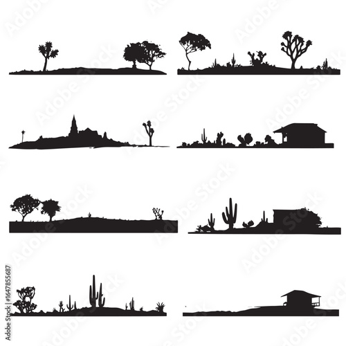 vector illustration of desert landscape silhouette set, Black & White silhouette set 
