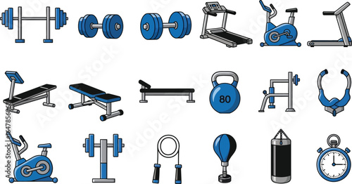 Illustration of various gym equipment including weights treadmills and punching bags on a white background