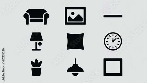 Minimalist black and white icons of home decor and timekeeping objects couch picture frame