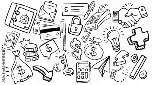 Hand-drawn finance and business icons set featuring money, banking, payment, investment, savings, security, transaction, strategy, and financial tools