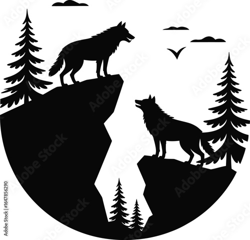 Wolves on cliffside with pine trees wolf wildlife