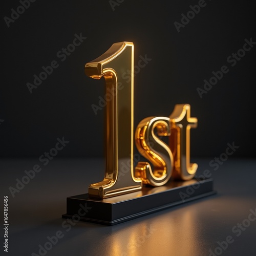 Bold metallic gold 1st in 3D, placed on a sleek black background with soft spotlight glow