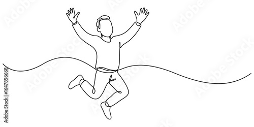 Happy man jumping for joy in continuous line art drawing style. Victory, success and freedom concept,  Continuous one line drawing. Happy jumping man on white background. Vector illustration. a man.