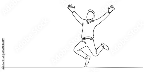 Happy man jumping for joy in continuous line art drawing style. Victory, success and freedom concept,  Continuous one line drawing. Happy jumping man on white background. Vector illustration. a man.