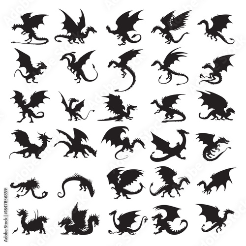 vector illustration of detailed dragon silhouette set, Black & White silhouette set 