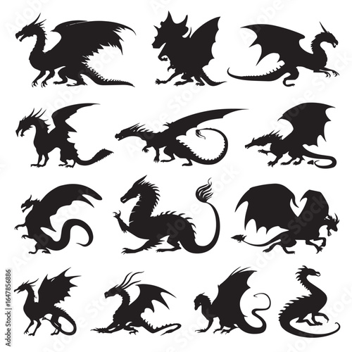 vector illustration of detailed dragon silhouette set, Black & White silhouette set 