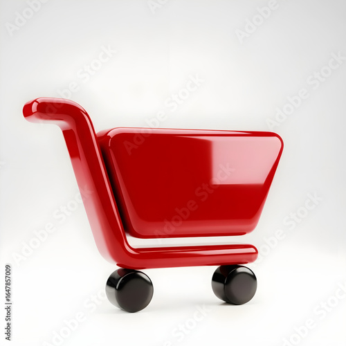 A shiny red shopping cart with black wheels isolated on a white background in a studio setting