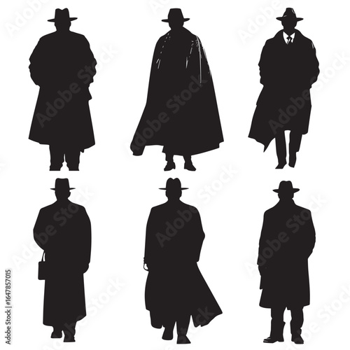 vector illustration of detective silhouette set, Black & White silhouette set 