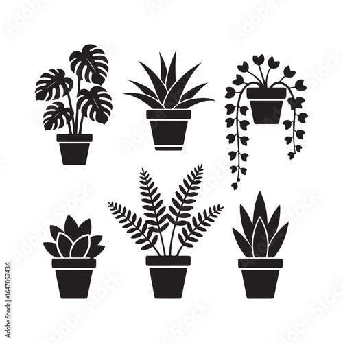 Collection of Black and White Silhouette Potted Plants for Home Decor and Botanical Illustrations Id.eps