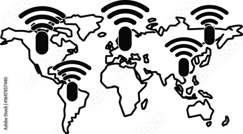 Global wi fi hotspots represented on a world map illustration