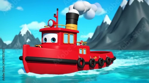 Cartoon tugboat on water