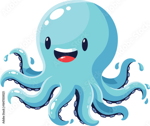 Cute happy blue octopus cartoon character, smiling sea creature with eight tentacles, adorable marine animal vector for kids and ocean themes