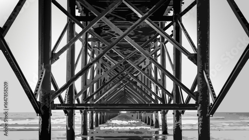 Perspective view of a pier structure with metal beams and supports over the ocean in monochrome art silhouette