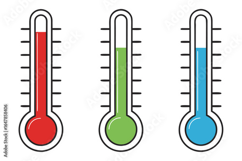 Three Thermometers Showing Different Temperatures in Red Green and Blue Illustrating Climate Change and Weather Variations