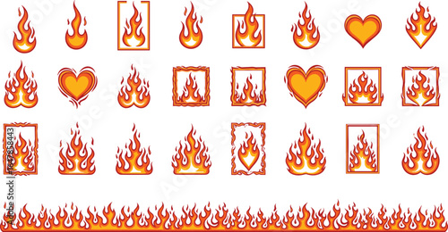 Flame and fire icons set, burning heart and frame designs, hot fire clipart, vector flames border, blazing decorative shapes