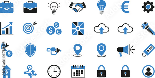 A collection of blue and black business icons arranged in a grid on a white background view