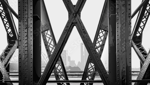 A view of a bridge structure with steel beams and bolts against a city skyline in a monochrome setting silhouette