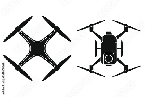Two drone illustrations in black isolated against a white background showcasing aerial technology and modern unmanned vehicles for surveillance and photography