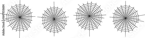 Four spider webs illustration, symmetrical web patterns, radial geometric design, intricate nature structure, spider silk vector art
