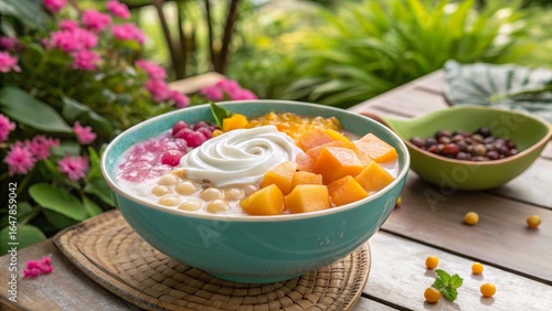 Vibrant bowl of bubur cha cha filled with colorful fruits and creamy topping in a lush garden setting