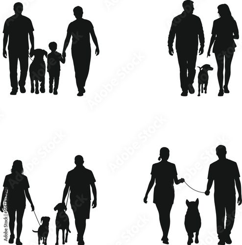 PrintFamily walking silhouette, couple with dog, parents and kids, pet lovers, outdoor walk, happy family, black silhouette illustration