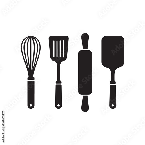 Essential Black Kitchen Utensils Set Whisk Spatula and Rolling Pin for Culinary Excellence Modern Ki.eps