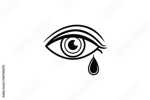 A crying eye with a single tear drop falling from it silhouette
