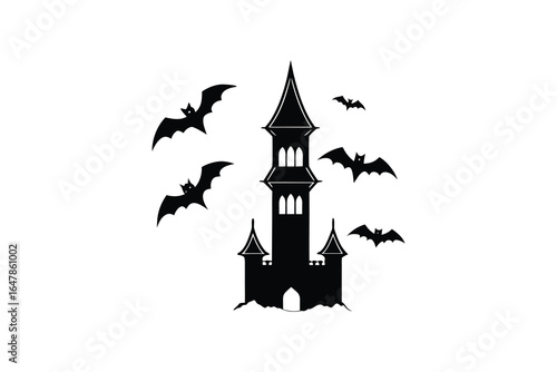 A black silhouette of a castle with bats flying around it in the night
