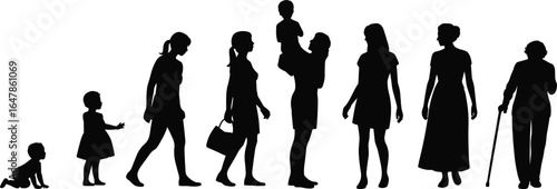 PrintFemale life stages, girl to woman, aging process, human growth, silhouette evolution, generational journey, aging timeline, life development, woman cycle