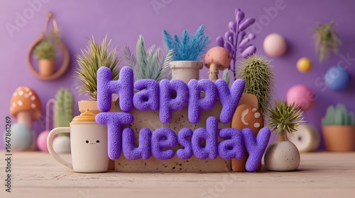 Colorful Happy Tuesday Poster with Plush Letters and Miniature Plants in Creative Arrangement