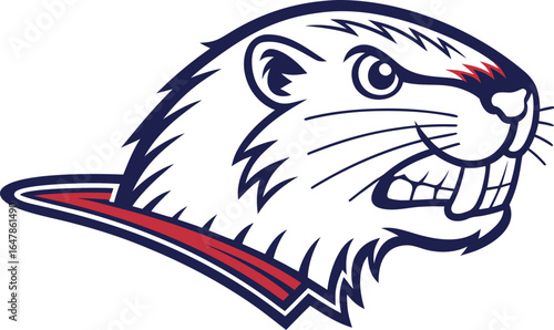 Aggressive beaver mascot head with red and blue accents