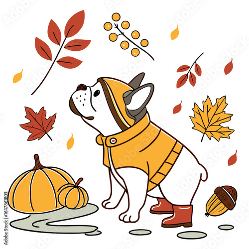 Cute Curious French Bulldog, accessorized with splashing in puddles, in a Autumn world – Autumn Leaves palette vector