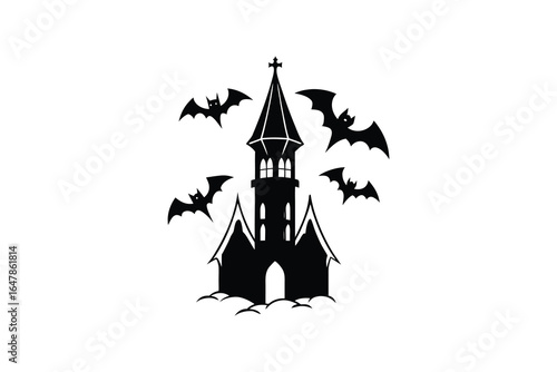 A black silhouette of a church with flying bats around it on a white background