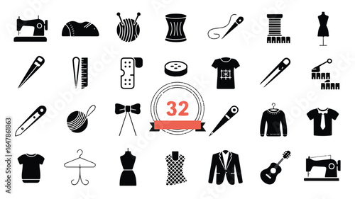 Sewing and tailoring equipment and clothing icons sewing machine fabric