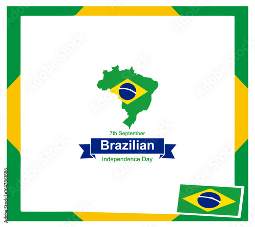 Brazilian Independence Day 7 September. Vector illustration flat design. Isolated on yellow and white background. National holiday. Brazil waving flag in wind. country map shape