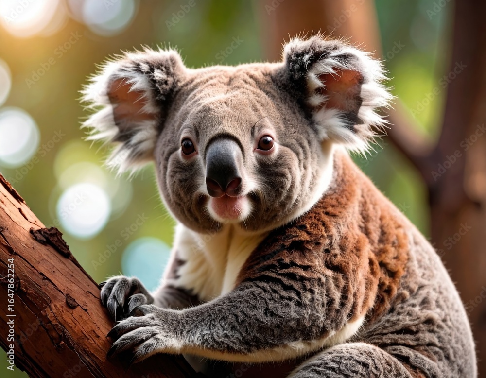 Fototapeta premium Close-up of a koala climbing a tree in natural habitat