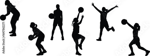 PrintGirls playing basketball, action silhouettes, female athletes, jump shot, sports training, dribbling practice, energetic moves, youth team, athletic performance