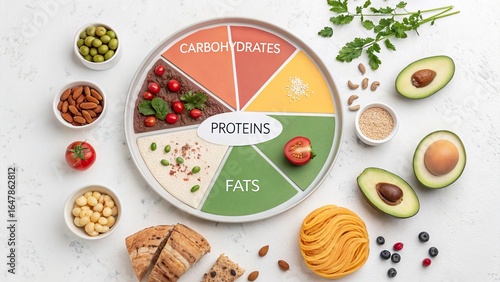 Healthy eating pie chart with food groups displayed, highlighting proteins, fats, and carbohydrates on a white background