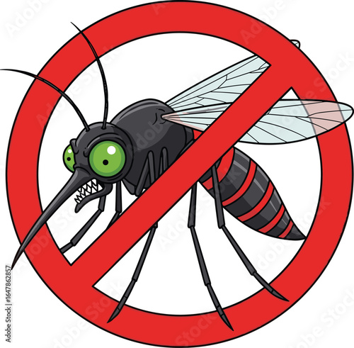 Cartoon mosquito crossed out, no mosquito sign, pest control symbol, red prohibition circle, mosquito-free zone, health safety illustration