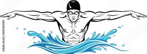 Muscular swimmer butterfly stroke, athletic swimming motion, water splash illustration, competitive sports icon, dynamic swimmer vector art