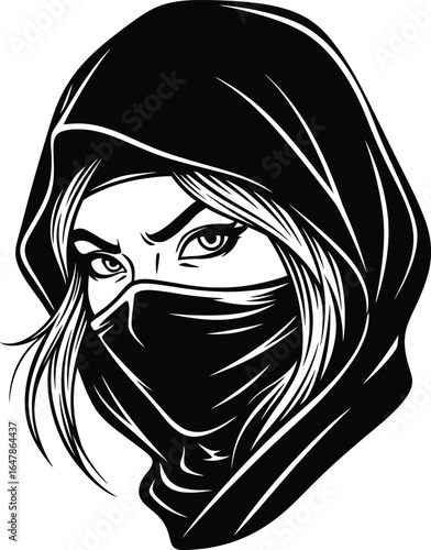 Mysterious Hooded Woman with Mask Vector Illustration: Intense Black and White Portrait Perfect for Thriller, Fantasy, and Urban Design Projects - High-Quality Graphic.