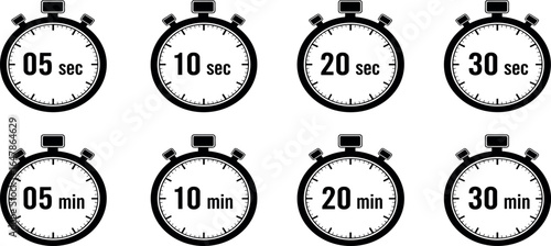 Set of Modern Stopwatch Timer Icons Representing Various Time Intervals in Seconds and Minutes for Precision Measurement and Workflow Management
